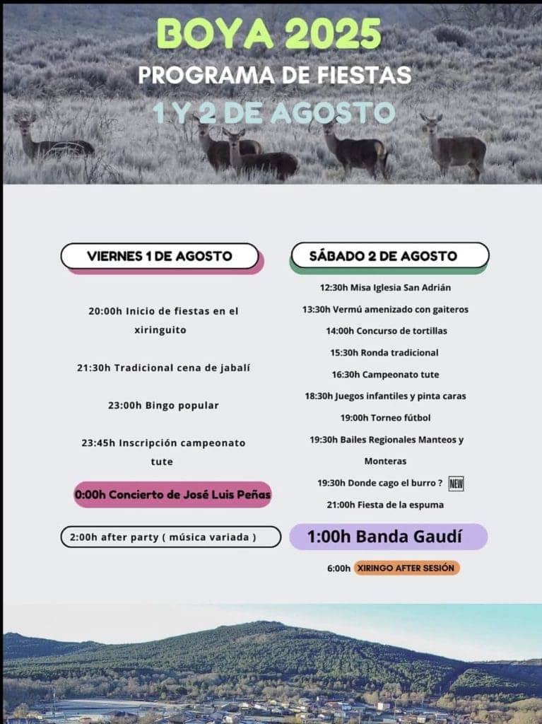 🥳 BOYA 2025 – PROGRAMA DE FIESTAS 📅 1 y 2 de agosto ¡Dos días de fiesta, música, tradición y diversión para todas las edades!