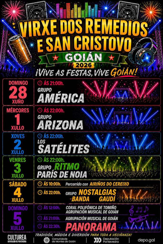 Cartel de las fiestas de la Virxe dos Remedios e San Cristovo de Goián 2026, Tomiño (Pontevedra), con la actuación de Banda Gaudí