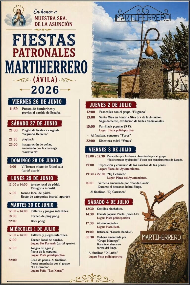 Cartel oficial de las Fiestas Patronales de Martiherrero (Ávila) 2026 con Banda Gaudí