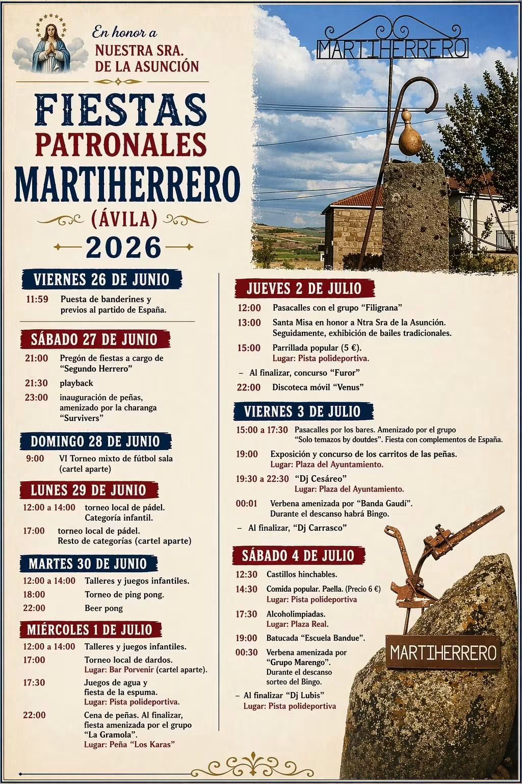 Cartel oficial de las Fiestas Patronales de Martiherrero (Ávila) 2026 con Banda Gaudí