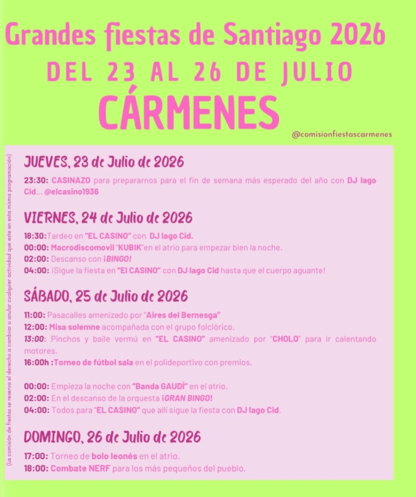 Cartel de las fiestas de Santiago de Cármenes 2026 con la actuación de Banda Gaudí