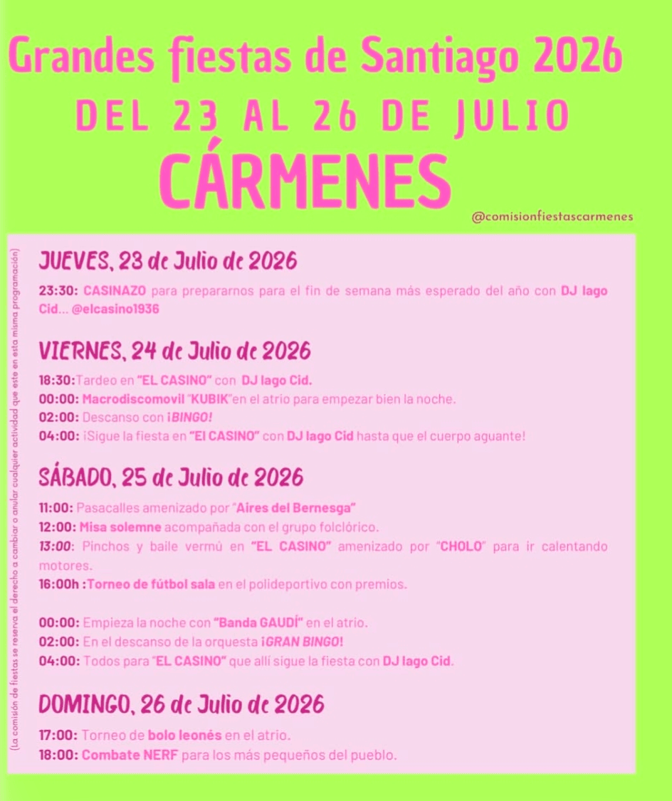 Cartel de las fiestas de Santiago de Cármenes 2026 con la actuación de Banda Gaudí