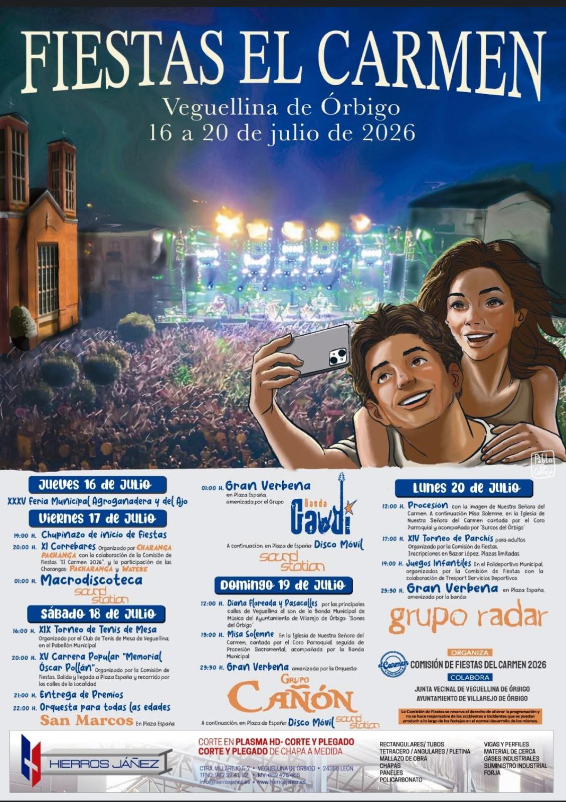 Cartel de las Fiestas de El Carmen 2026 en Veguellina de Órbigo con Banda Gaudí