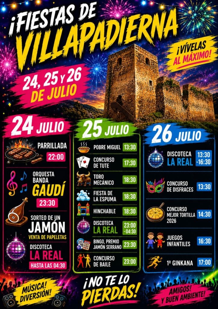Cartel de las fiestas de Villapadierna 2026 con la actuación del grupo Banda Gaudí