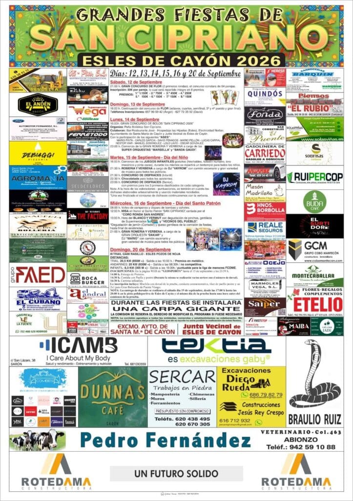 Cartel de las fiestas de San Cipriano de Esles de Cayón 2026 con el grupo Banda Gaudí