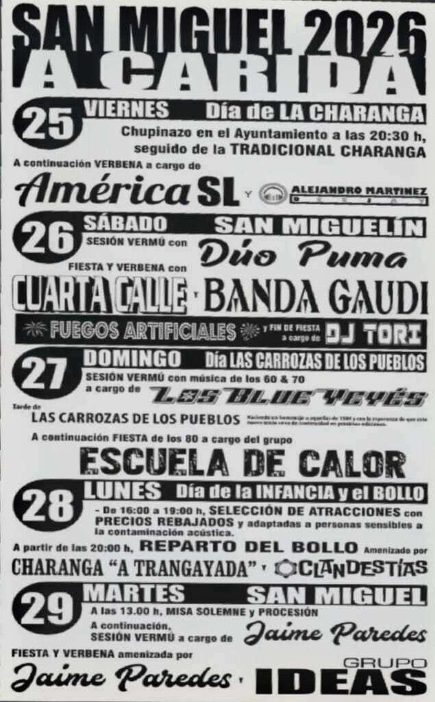 Cartel de las fiestas de San Miguel 2026 en La Caridad con Banda Gaudí
