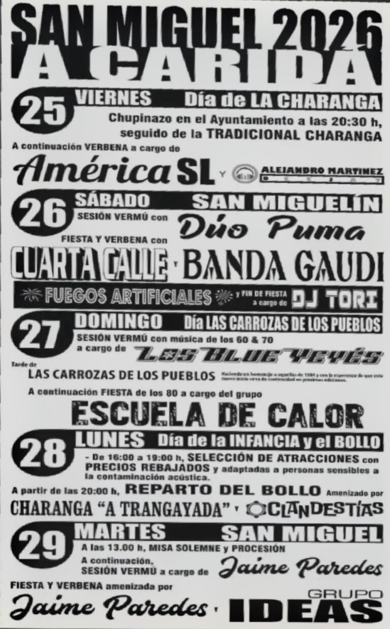 Cartel de las fiestas de San Miguel 2026 en La Caridad con Banda Gaudí