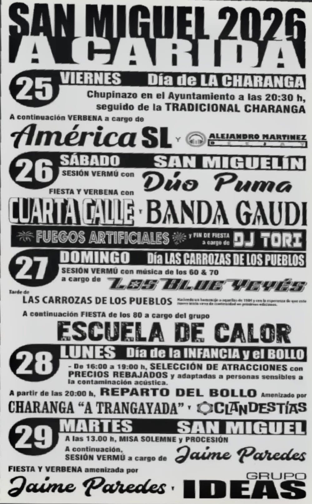 Cartel de las fiestas de San Miguel 2026 en La Caridad con Banda Gaudí