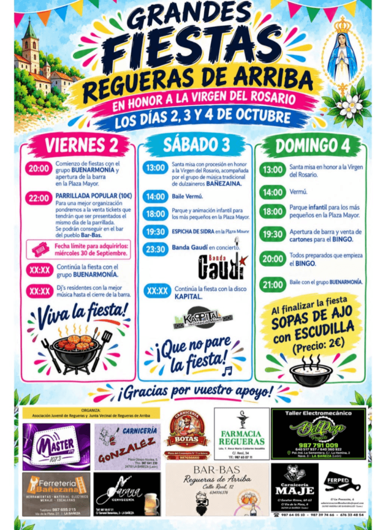 Cartel del programa de fiestas de Regueras de Arriba 2026 con el concierto de Banda Gaudí