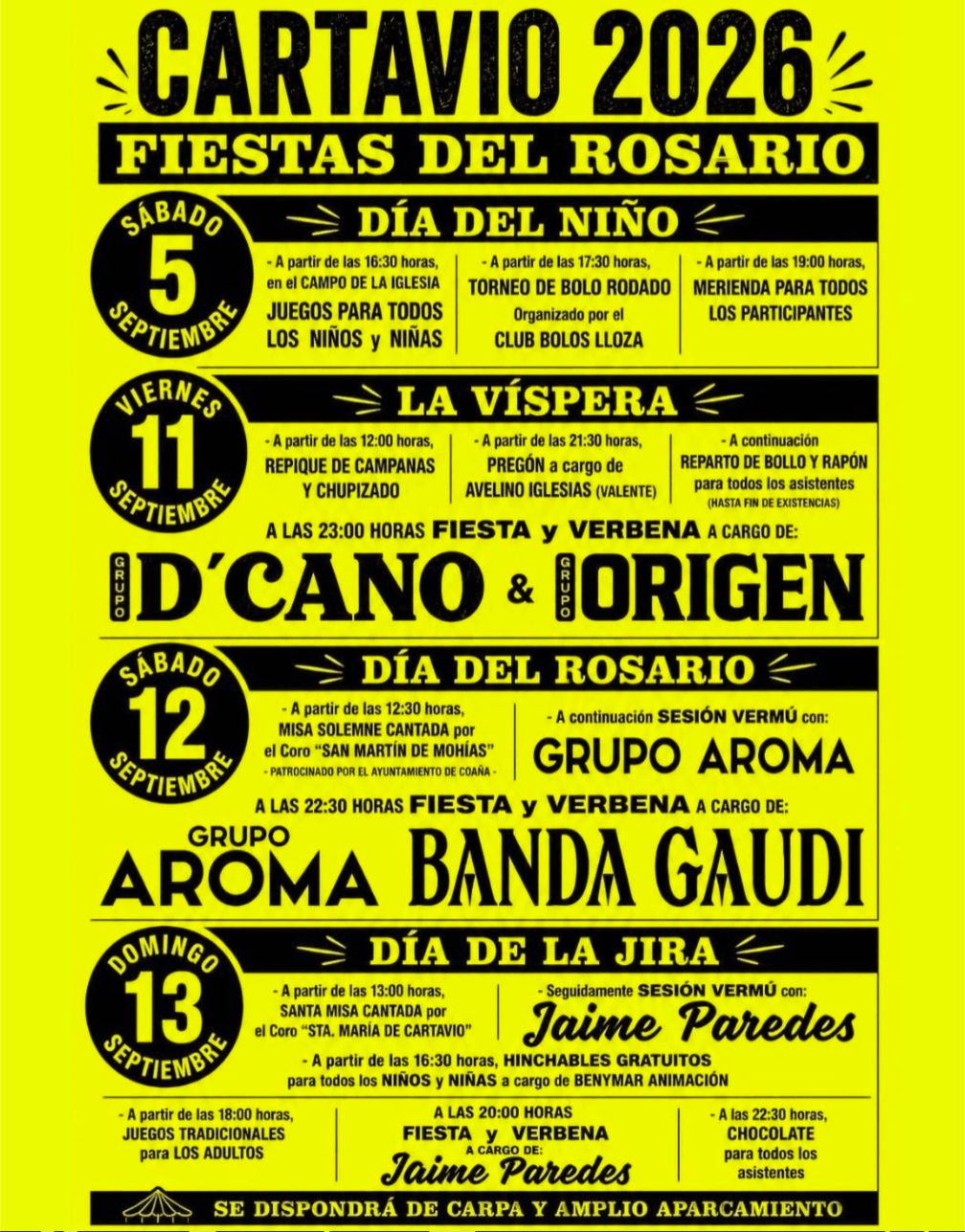 Cartel de las Fiestas del Rosario de Cartavio (Coaña) 2026 con Banda Gaudí