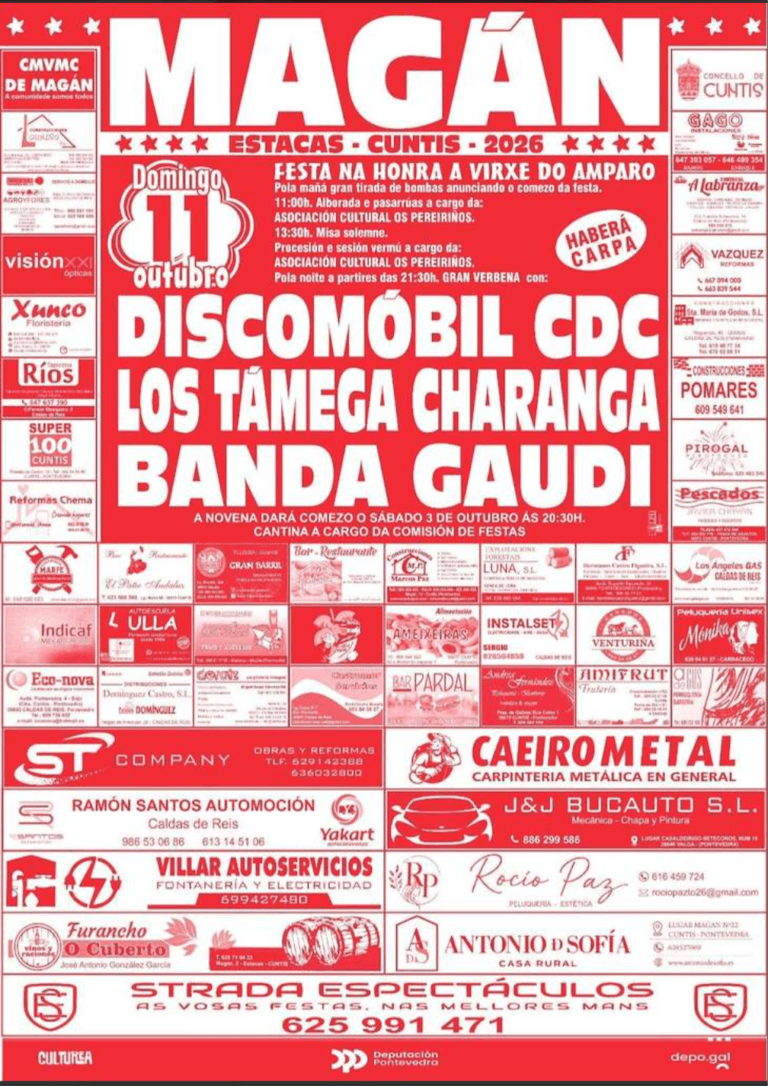Cartel de las fiestas de la Virxe do Amparo de Magán (Cuntis) 2026 con Banda Gaudí