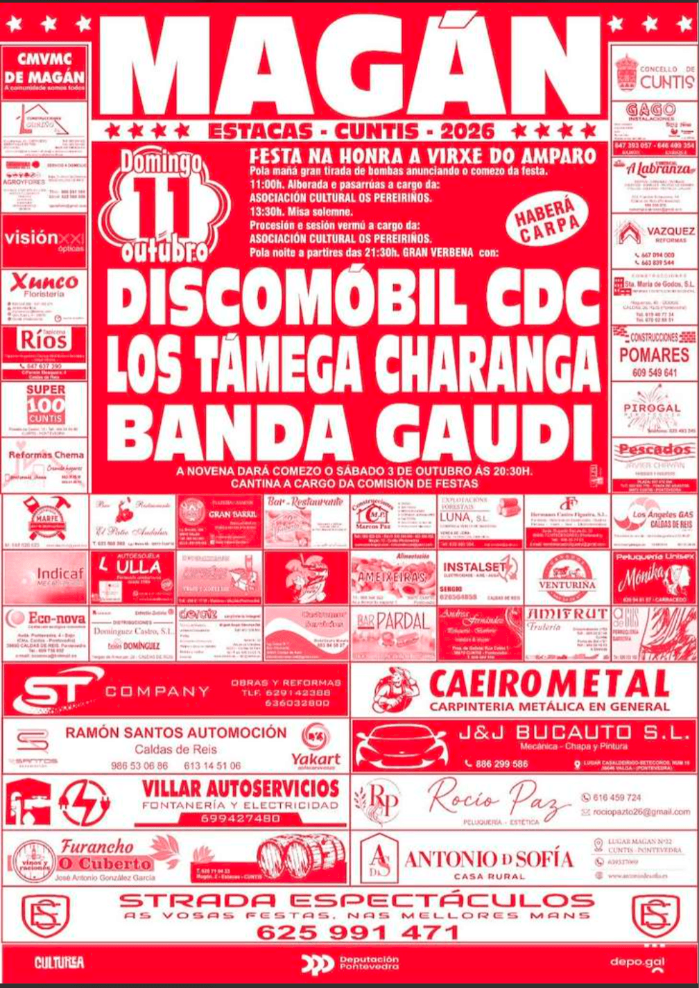 Cartel de las fiestas de la Virxe do Amparo de Magán (Cuntis) 2026 con Banda Gaudí